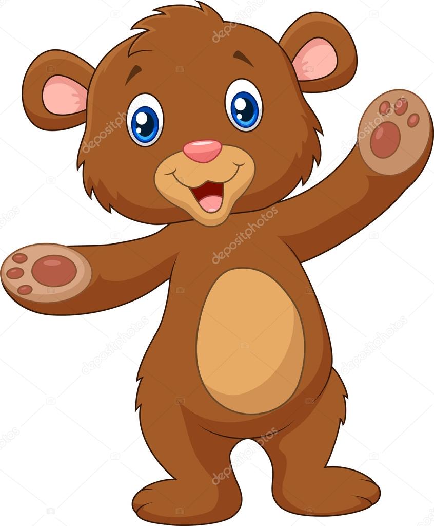 Cartoon happy baby brown bear waving hand