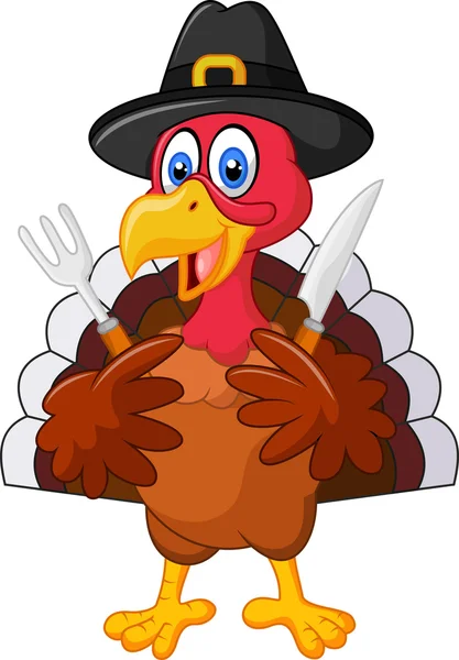 Thanksgiving kalkoen mascotte met mes en vork en het dragen van een pelgrim hoed — Stockvector