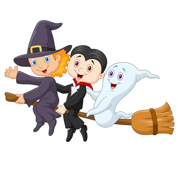 Little children and ghost fly with broom — Stock Vector