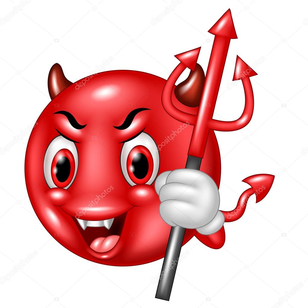 Cartoon devil emoticon with trident isolated on white background