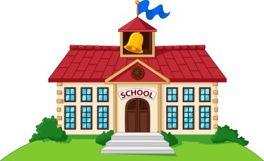 Cartoon school building isolated with green yard clipart