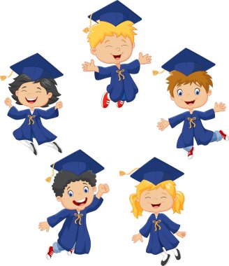Cartoon little kids celebrate their graduation isolated on white background