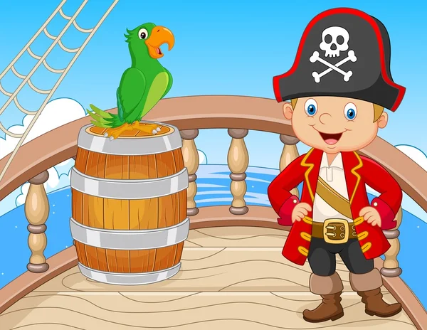 Cartoon pirate on the ship with green parrot — Stock Vector