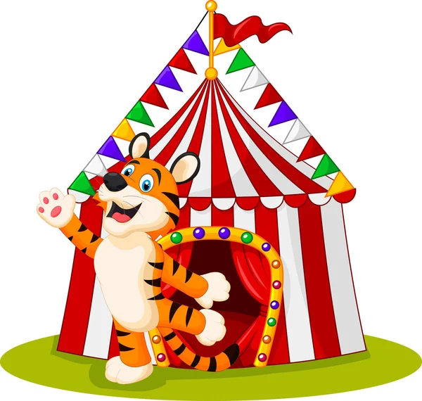 Feliz animal tigre con carpa de circo — Vector de stock