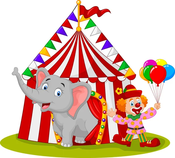 Dessin animé éléphant mignon et clown avec tente de cirque — Image vectorielle
