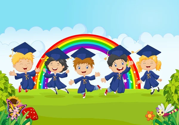 Szczęśliwe małe dzieci świętują ukończenie szkoły z tłem natury — Wektor stockowy