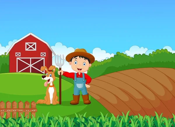 Cartoon little farmer and his dog with farm background — Stock Vector