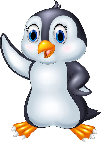 Penguin kartun melambaikan tangan terisolasi pada latar belakang putih - Stok Vektor
