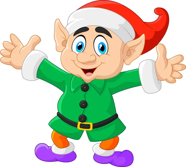 Elfo de Natal dos desenhos animados acenando com ambas as mãos — Vetor de Stock