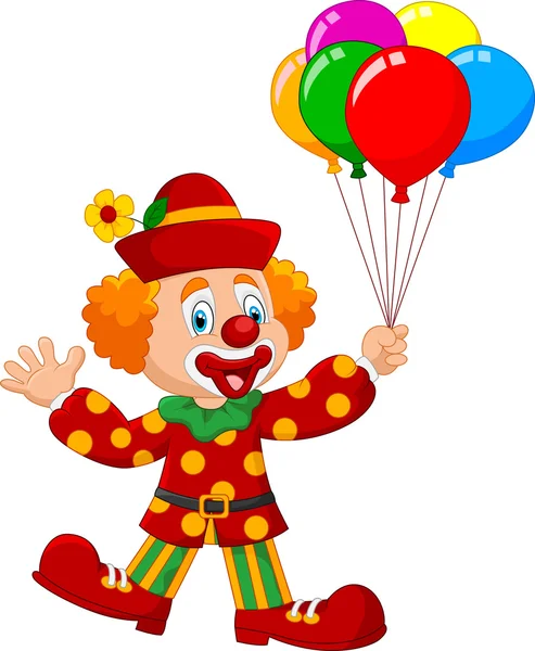 Schattig clown houden kleurrijke ballon geïsoleerd op witte achtergrond — Stockvector