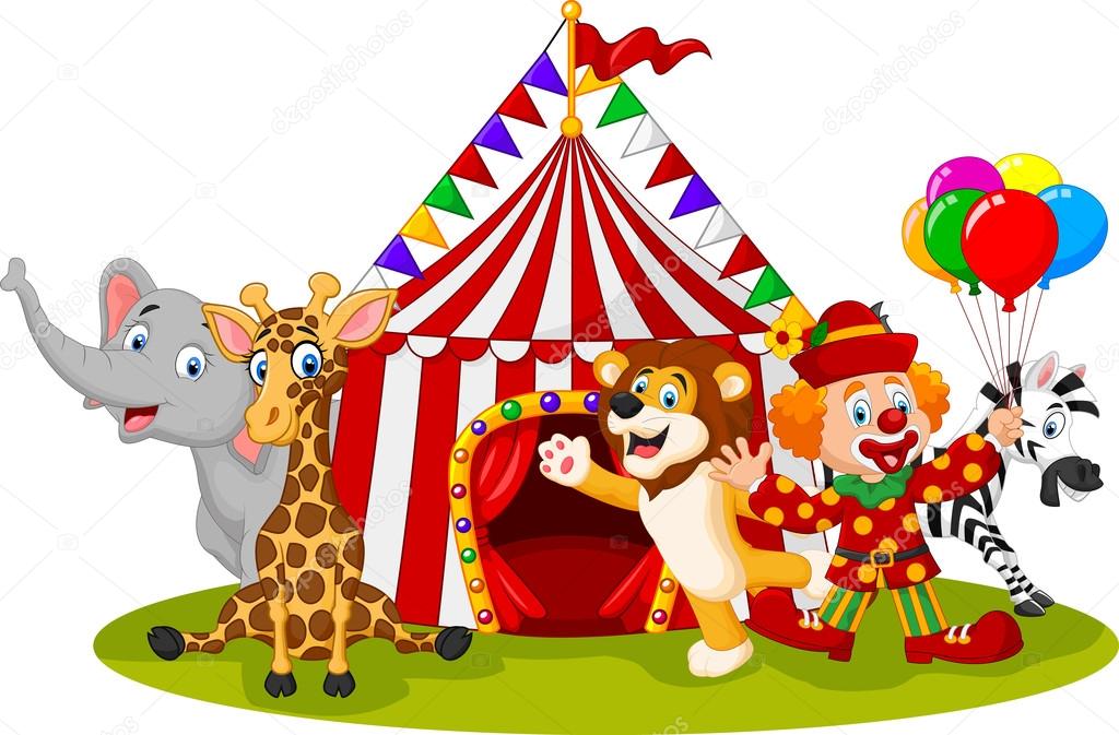 Cartoon happy animal circus and clown