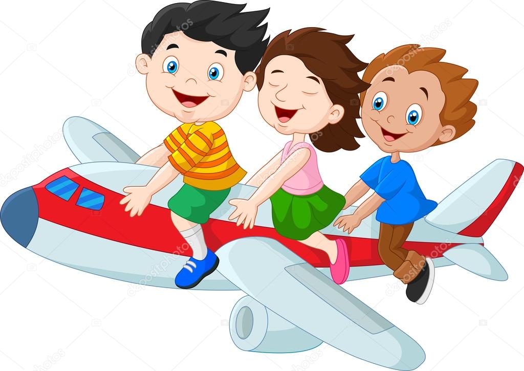 Cartoon little kids riding airplane isolated on white background