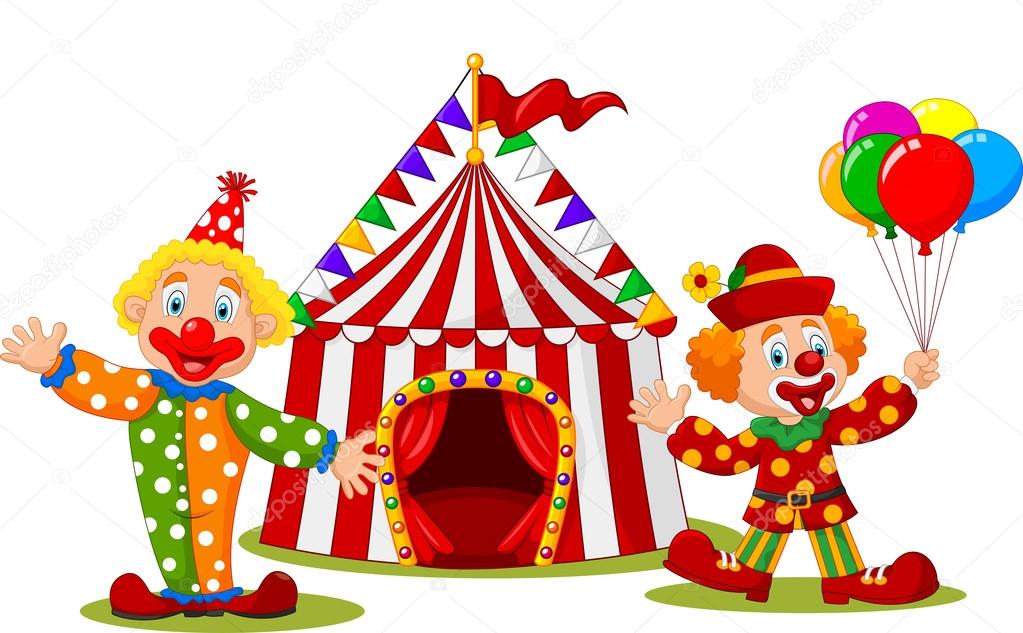 Cartoon happy clown in front of circus tent