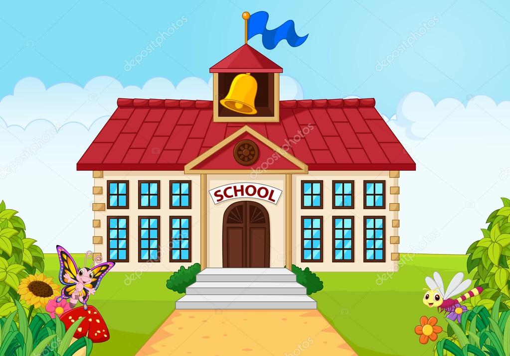 Cartoon school building isolated with green yard