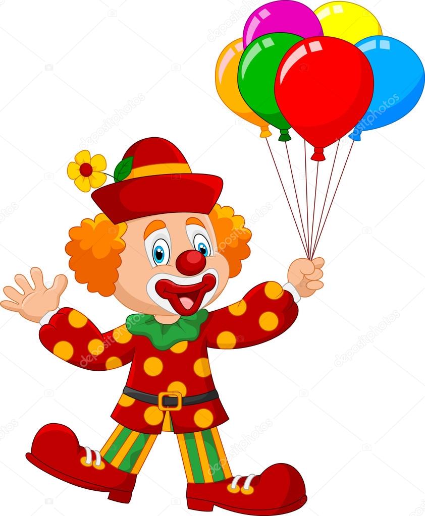 Adorable clown holding colorful balloon isolated on white background