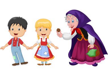 Hansel ve Gretel beyaz arka plan üzerinde izole bir cadı ile klasik çocuk hikayesi