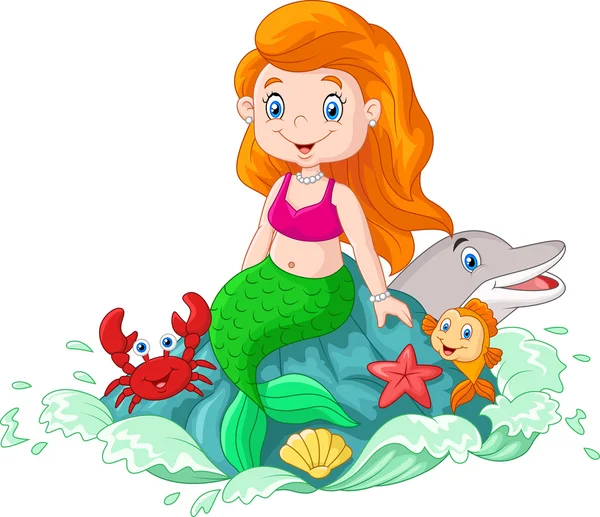 Cartoon happy little mermaid sitting on the rock — Stock Vector