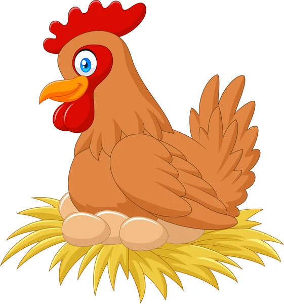 Gallina de dibujos animados en el nido meditando su huevo — Vector de stock