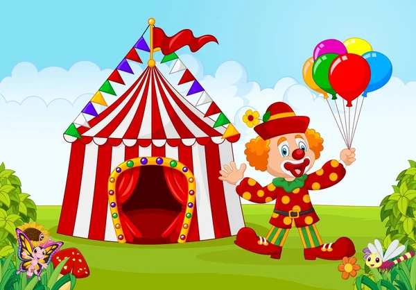 Namiot cyrku z klauna trzymając balon w zielonym parku — Wektor stockowy