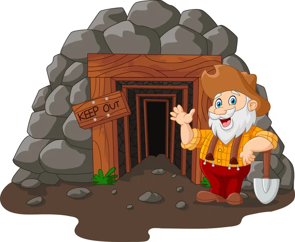 Cartoon mine entrance with gold miner holding shovel — Stock Vector