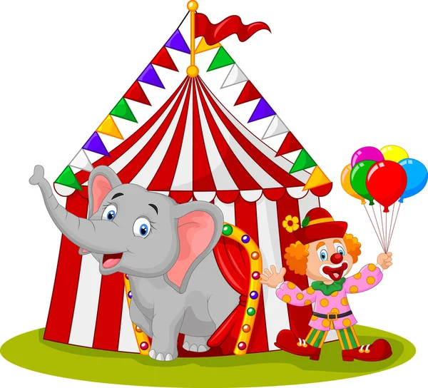 Dibujos animados elefante lindo y payaso con carpa de circo — Vector de stock