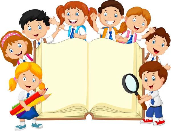 Bambini delle scuole dei cartoni animati con libro isolato — Vettoriale Stock