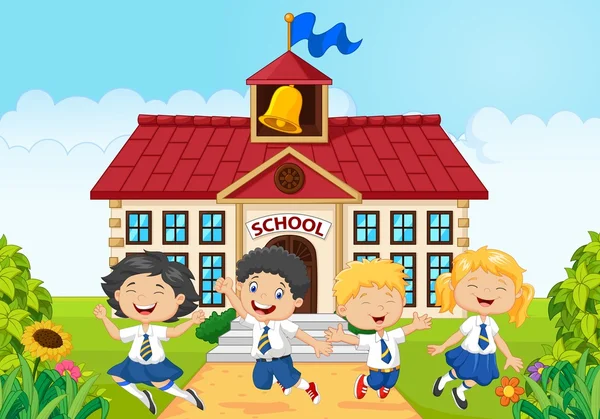 स्कूल के सामने हैप्पी स्कूल बच्चे — स्टॉक वेक्टर