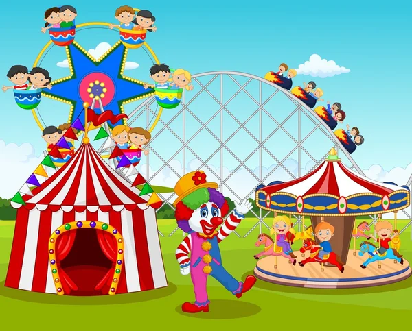 Desenhos animados crianças felizes e palhaço no parque de diversões — Vetor de Stock
