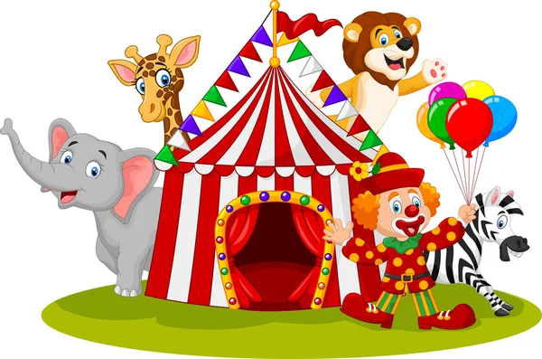 Cartoon happy animal circus and clown — Stock Vector