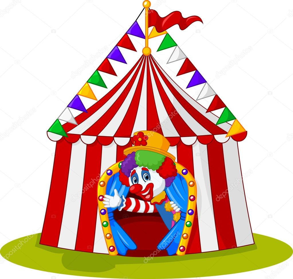 Cartoon clown come out from circus tent