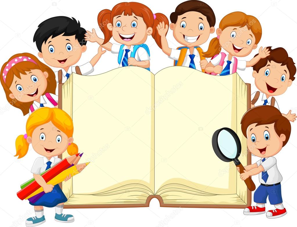 Cartoon school children with book isolated