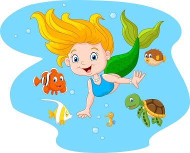 Deniz su arka plan üzerinde deniz hayvanıyla mutlu deniz kızı