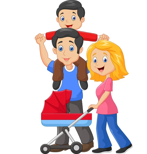 Father giving his son piggyback ride with mother pushing baby carriage — Stock Vector