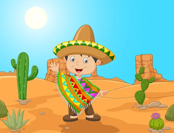 Cartoon a Mexican boy waving hand - Stok Vektor