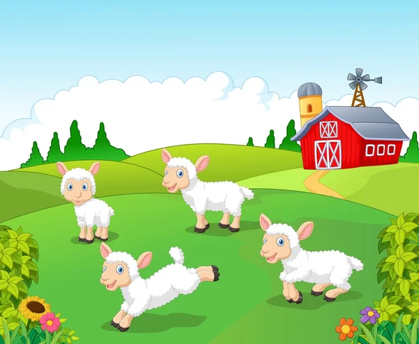 Cute kartun domba koleksi diatur dengan latar belakang pertanian - Stok Vektor