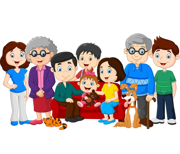 Familia grande con abuelos aislados sobre fondo blanco — Vector de stock