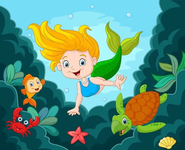 Petite sirène avec des animaux marins — Image vectorielle