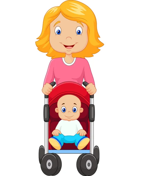 Cartone animato una madre spingendo un passeggino per bambini — Vettoriale Stock