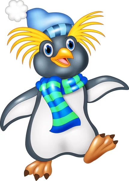 Pingüino está de pie usar un chal y gorra de sombrero — Vector de stock
