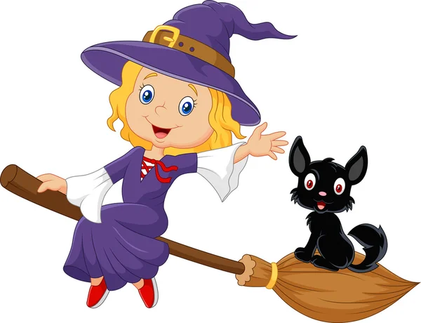小女巫和一只黑猫在飞行扫帚 — 图库矢量图片