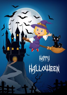 Küçük cadı ve uçan süpürge sopası ile dolunay ve kale arka plan üzerinde siyah bir kedi