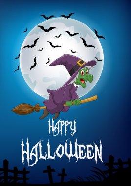 Uçan süpürge ile dolunay arka plan üzerinde çizgi film cadı