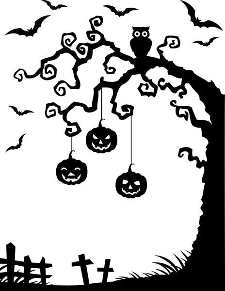 Halloween-Hintergrund mit toter Baumsilhouette, Eule und Kürbis — Stockvektor