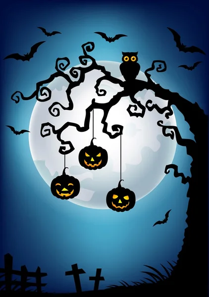 Halloween tło z martwym drzewie sylwetka, sowa i dyni — Wektor stockowy