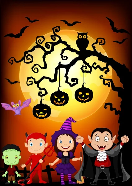 Latar belakang Halloween dengan anak-anak kecil mengenakan kostum Halloween - Stok Vektor