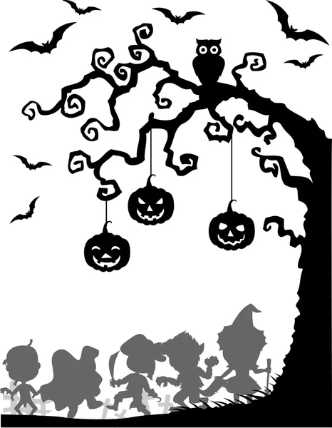 Halloween-Hintergrund mit glücklichen Kindern Silhouette trägt Halloween-Kostüm — Stockvektor