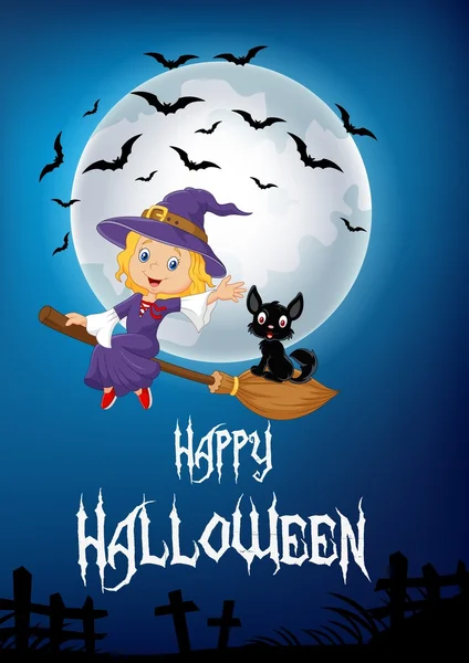 Little witch and a black cat flying on broomstick with full moon background — Stock Vector