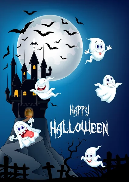 Fondo de Halloween con fantasma feliz volando sobre el castillo — Vector de stock