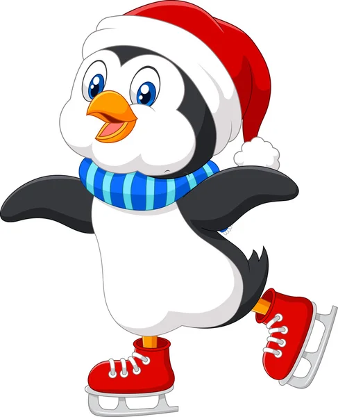Lindo pingüino de dibujos animados haciendo patinaje sobre hielo aislado sobre fondo blanco — Vector de stock