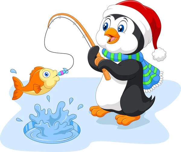 Cartoon funny penguin fishing — Stock Vector